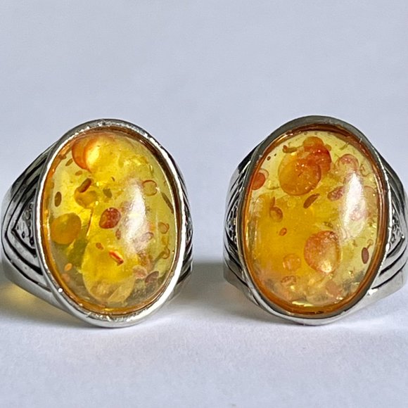 Vintage Honey Amber Cocktail Ring Size 8 Yellow Simulated Acrylic Silver Plated - Picture 6 of 11